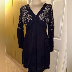 Blue rain embroidered long sleeve navy dress